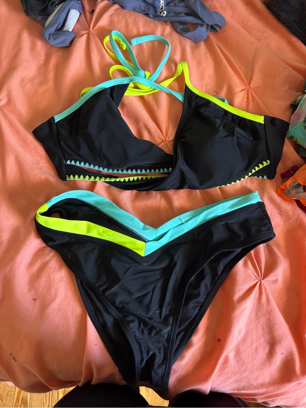 Cupshe Black Bikini with Neon Yellow and Aqua Trim